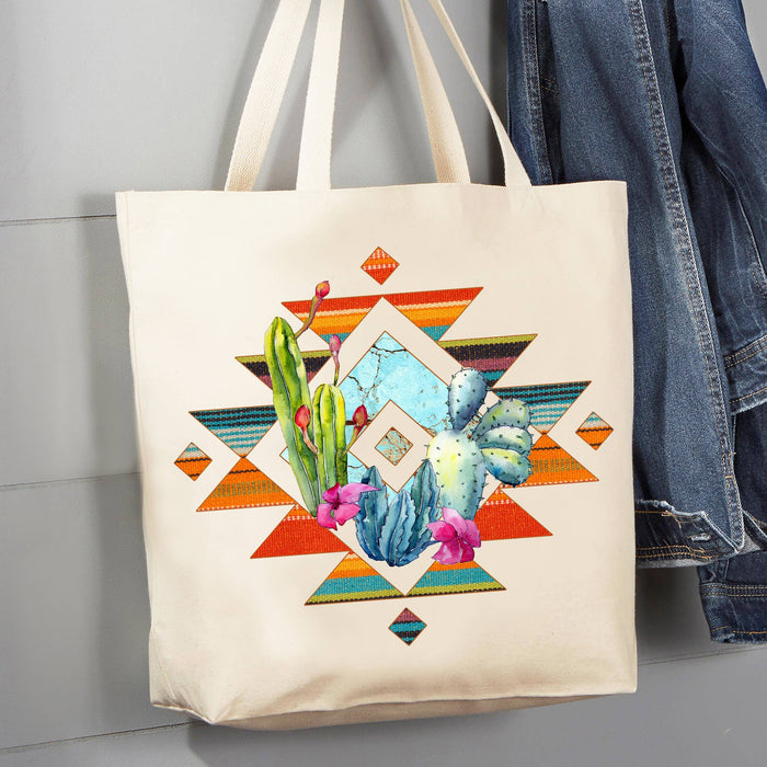 Western Aztec Cactus Southwestern 12 oz Canvas Tote Bag