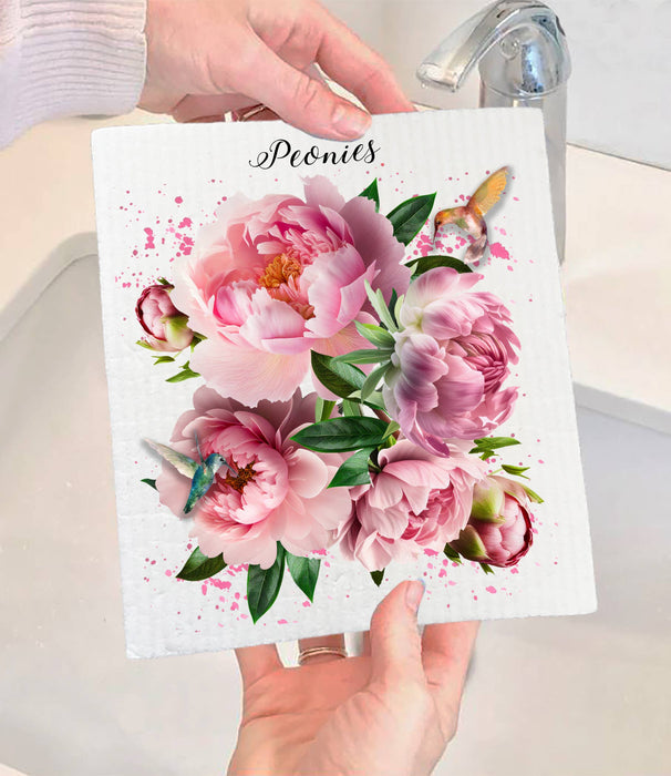 Spring Garden Peonies Flowers SWEDISH DISH CLOTH