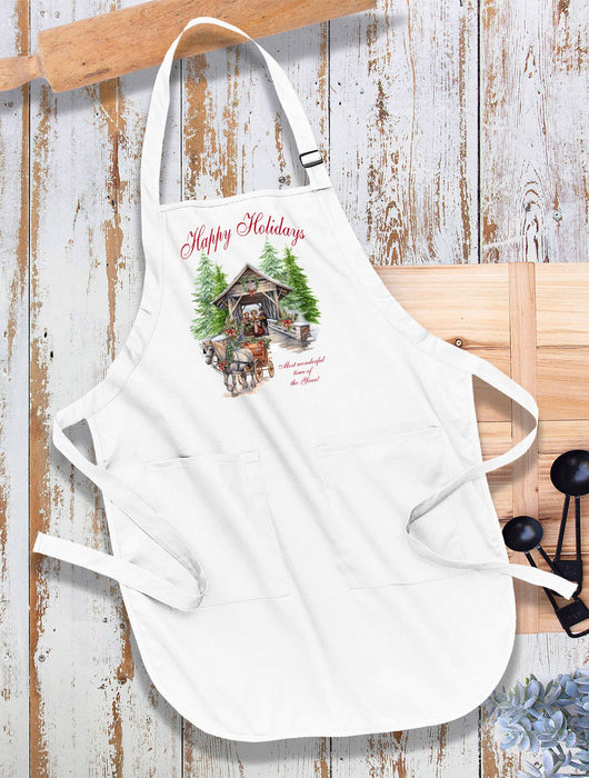Christmas Cover Bridge Horse Carriage Kitchen Cotton Apron