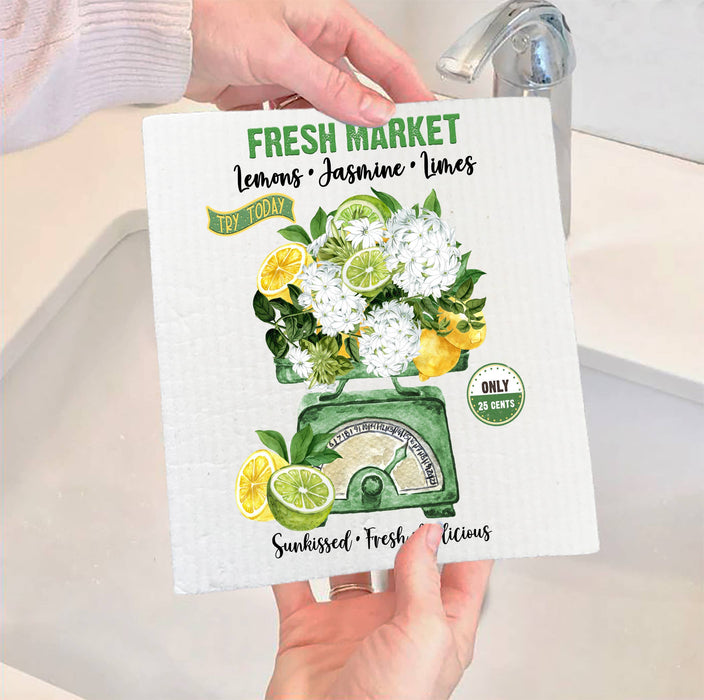 Fresh market Lemons Jasmine Limes Swedish Dish Cloth