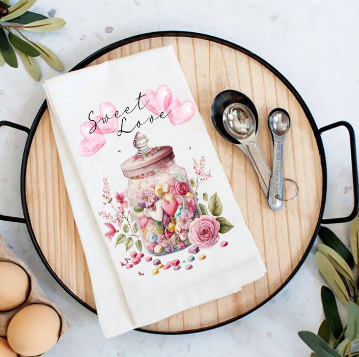 Valentine Candy Jar Sweet Love Heart Flour Sack Tea Towel