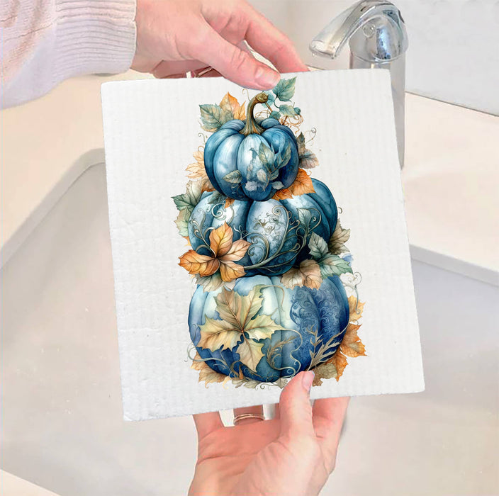 Fall Autumn Stacked Blue Pumpkins SWEDISH DISH CLOTH