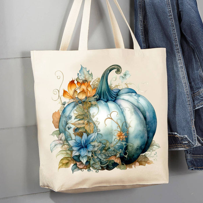 Fall Autumn Blue Pumpkin Flowers 12 oz Canvas Tote Bag
