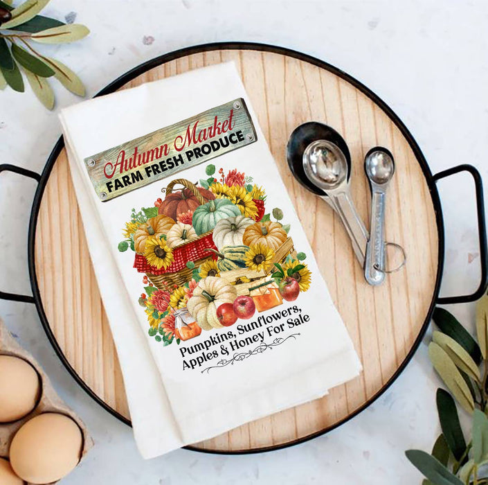 Autumn Fall Market Pumpkins Apples Flour Sack Tea Towel