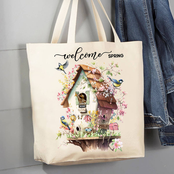 Welcome Spring Bird House Flowers 12 oz Canvas Tote Bag