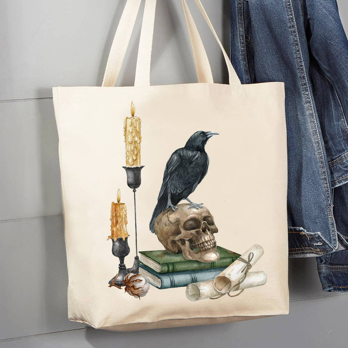 Halloween Black Crow Skull Candles 12 oz Canvas Tote Bag