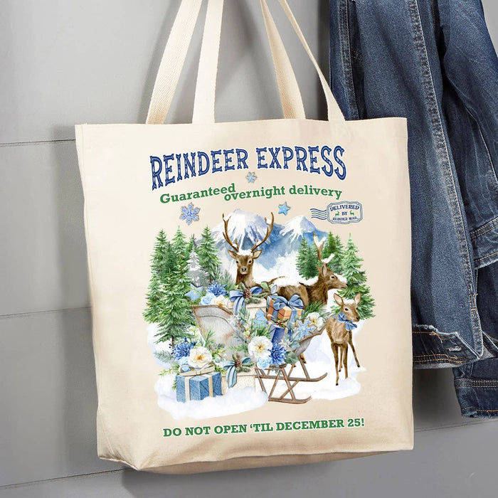 Christmas Blue Reindeer Express 12 oz Canvas Tote Bag