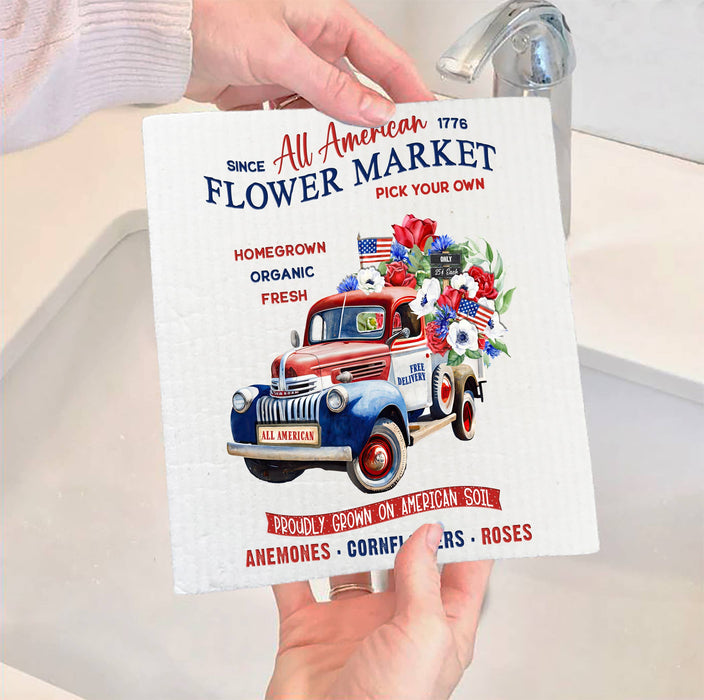 All American Patriotic Flower Truck Swedish Dish Cloth