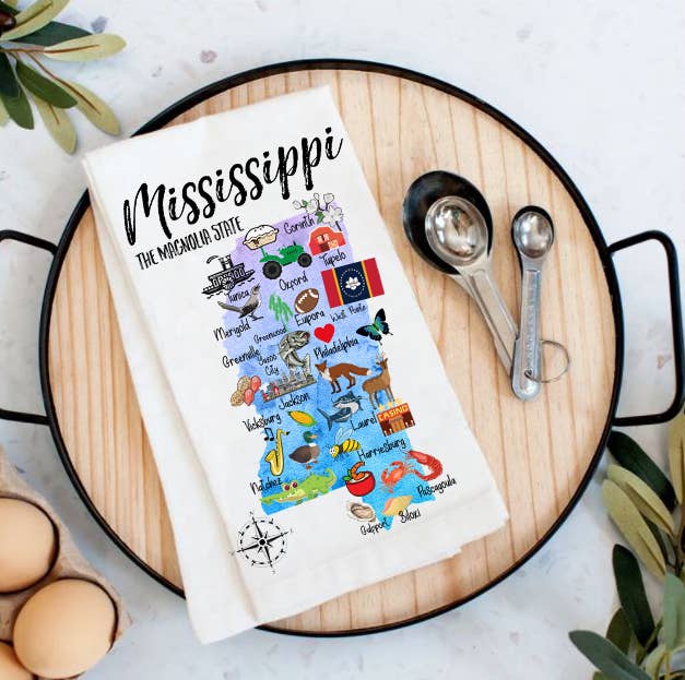 Mississippi State Map Souvenir Cotton Tea Towel