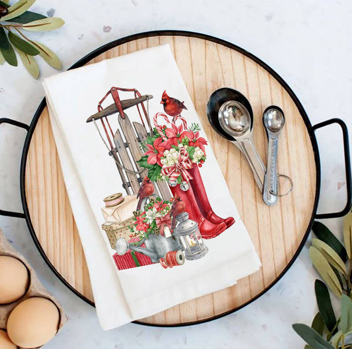 Christmas Sleigh Red Boots Cardinal Flour Sack Tea Towel