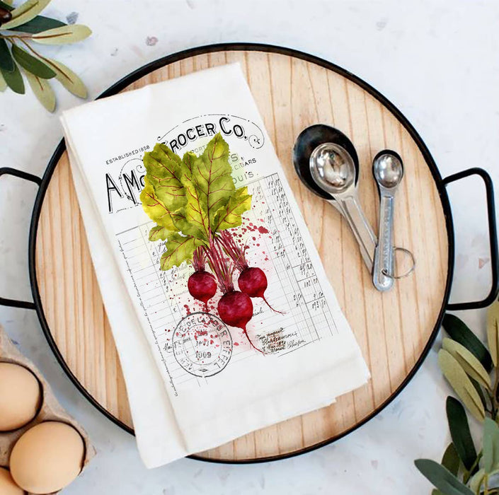 Vintage Farmhouse Beets Root Vegetables Flour Sack Tea Towel