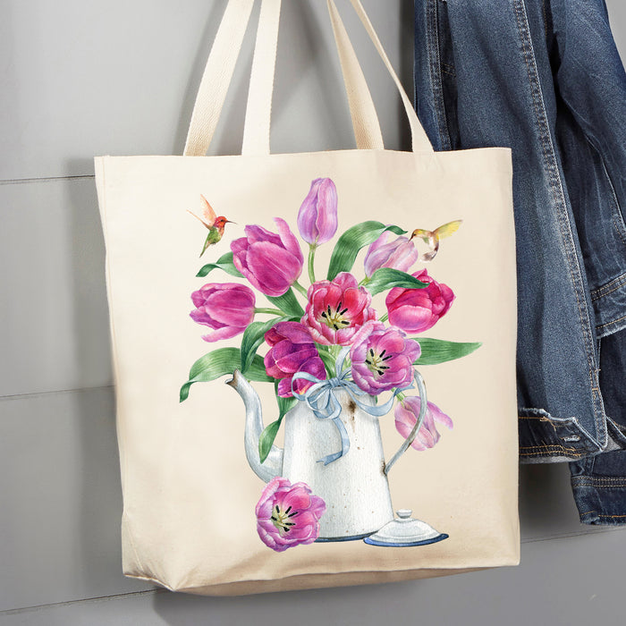 Spring Garden Tulips Humingbirds 12 oz Canvas Tote Bag