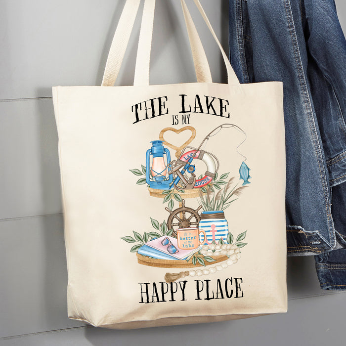 The Lake is My Happy Place 12 oz Canvas Tote Bag