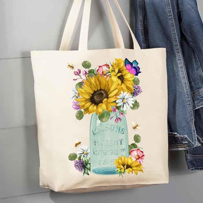 Country Mason Jar Sunflowers 12 oz Canvas Tote Bag