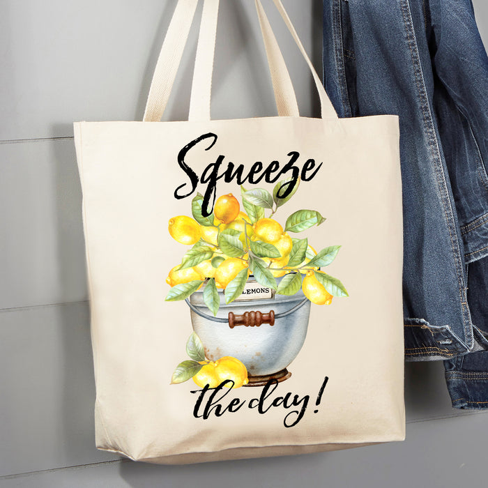 Squeez the Day Bucket of Lemons 12 oz Canvas Tote Bag