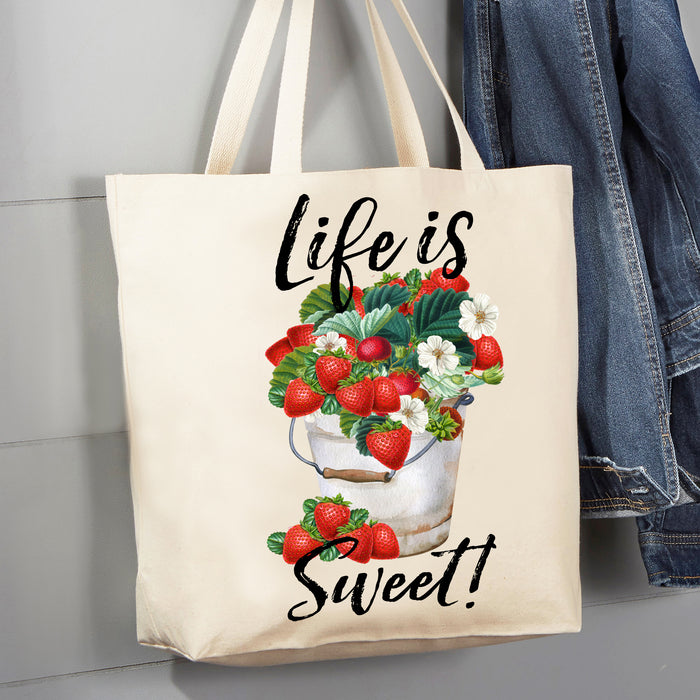 Life is Sweet Bucket of Strawberries 12 oz Canvas Tote Bag