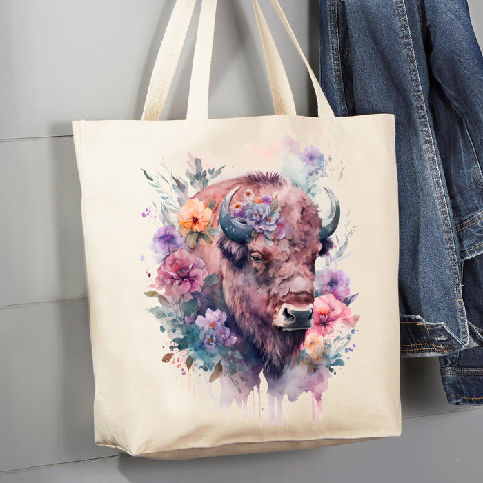 Western Buffalo Colorful Flowers  12 oz Canvas Tote Bag