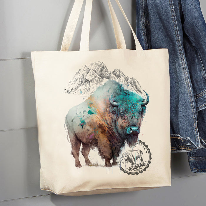 Western Buffalo Turquoise Yellowstone 12 oz Canvas Tote Bag