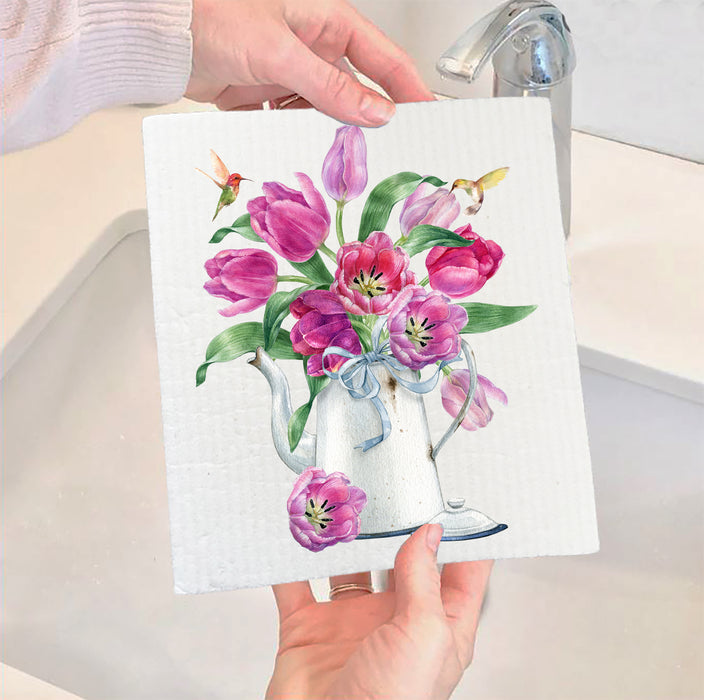 Spring Garden Tulips Humingbirds Swedish Dish Cloth