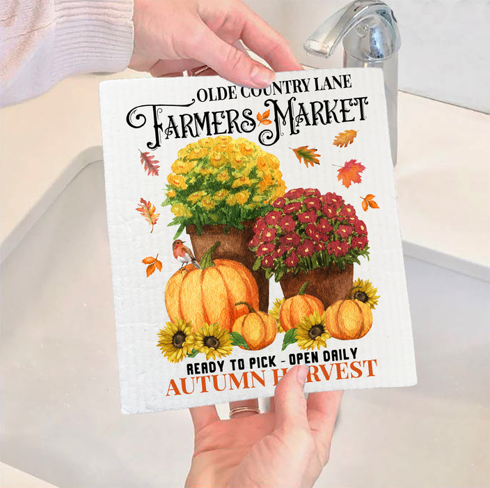 Fall Autumn Pumpkin & Mums Kitchen SWEDISH DISH CLOTH