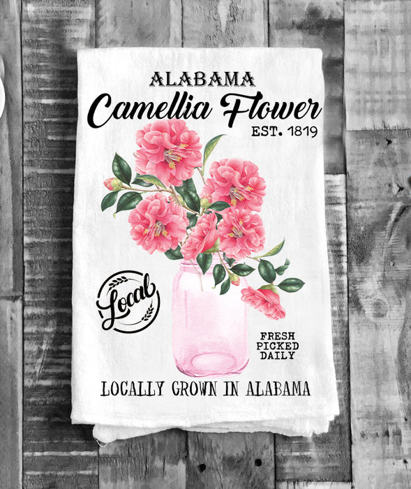 Alabama State Flower Camellia Souvenir Flour Sack Tea Towel