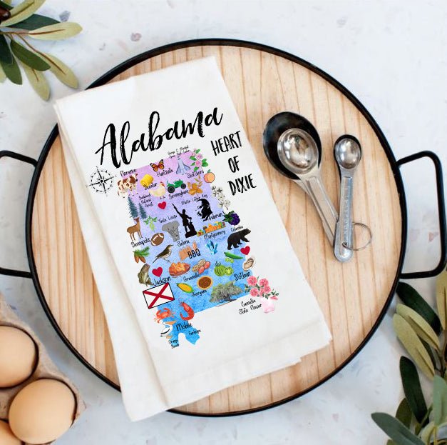 Alabama State Map Souvenir Cotton Tea Towel