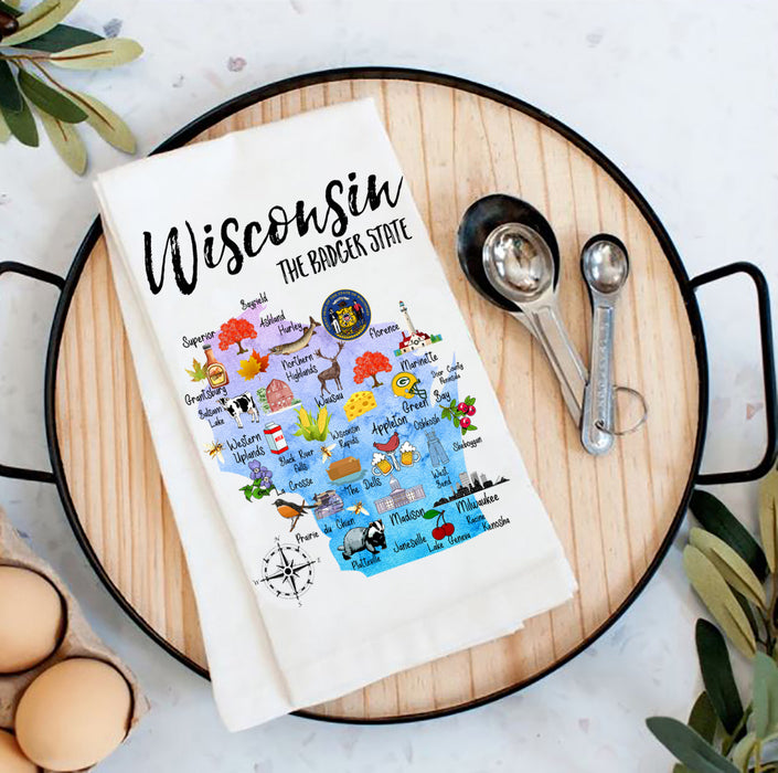 Wisconsin State Map Souvenir Cotton Tea Towel