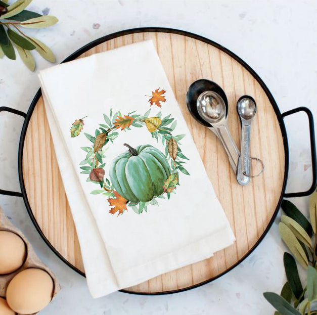 Blue Pumpkin Wreath Cotton Tea Towels