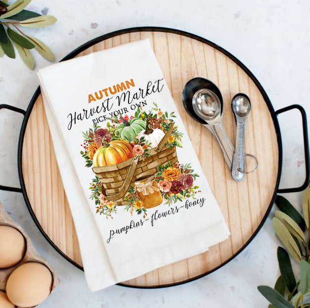 Fall Autumn Harvest Market Pumpkin Flour Sack Tea Towel