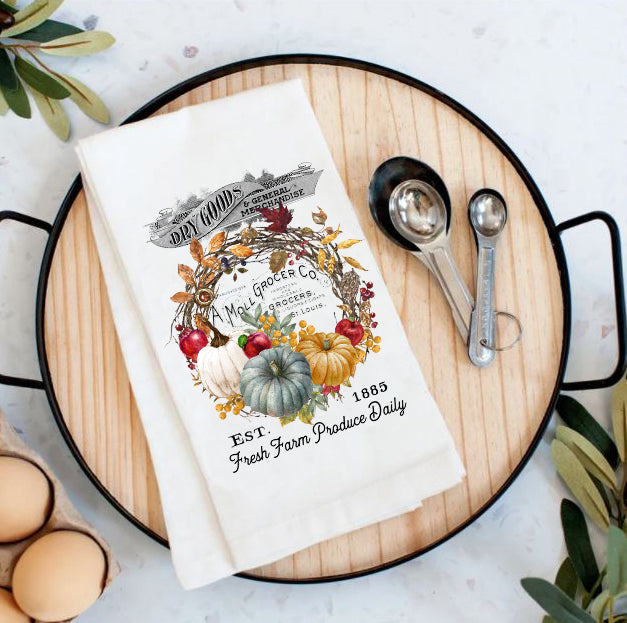 Vintage Autumn Fall Harvest Pumpkin Flour Sack Tea Towel