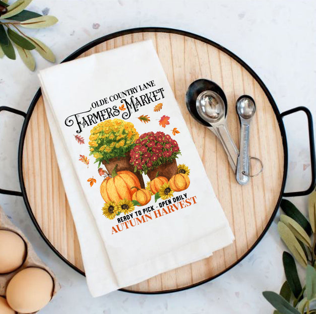 Fall Autumn Farmers Market Pumpkin & Mums Flour Sack Tea Towel
