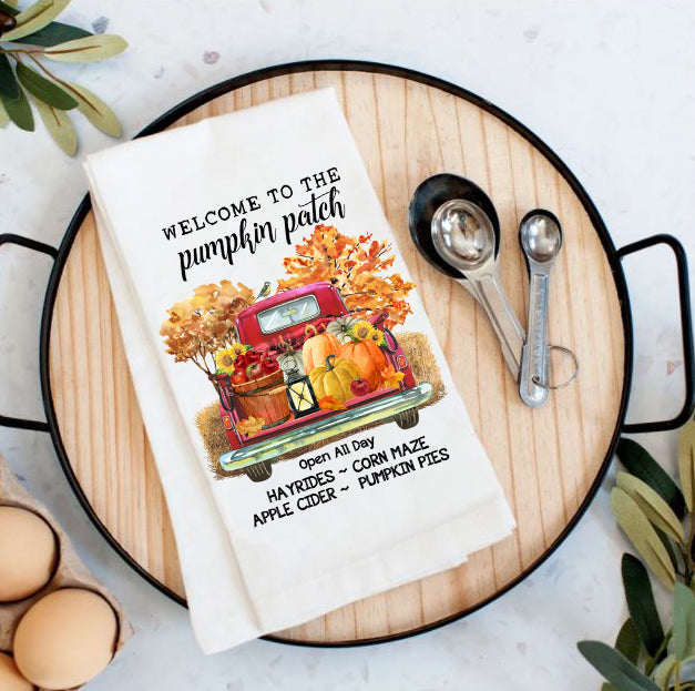 Fall Autumn Pumpkin Pick Up Truck Flour Sack Tea Towel