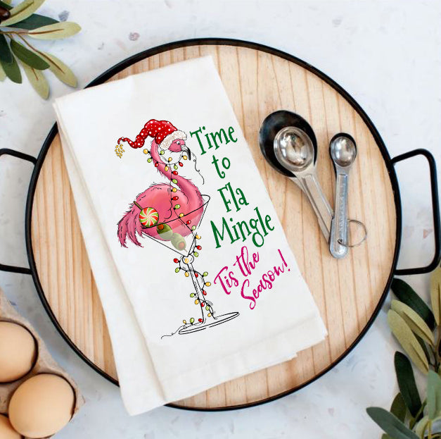 Christmas Flamingo Fla Mingle Cotton Tea Towels
