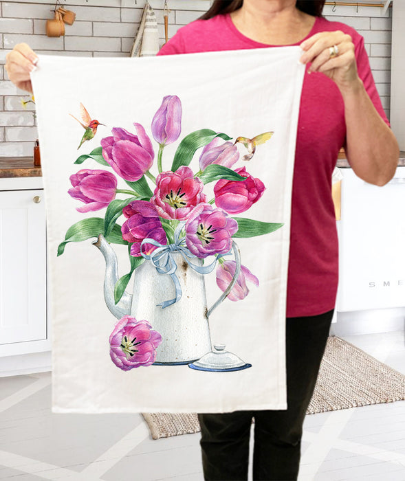 Spring Garden Tulips Humingbirds Cotton Terry Cloth Towels