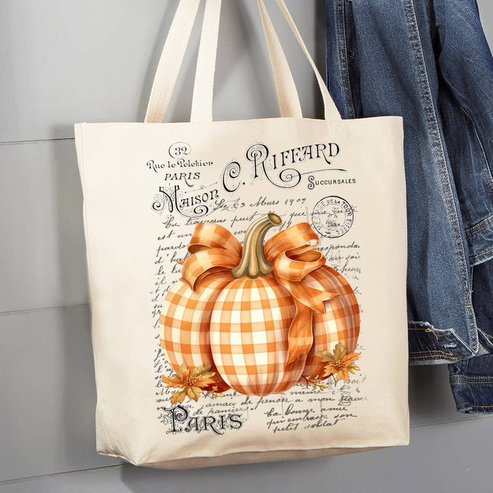 Fall Autumn French Checkered Pumpkins 12 oz Canvas Tote Bag