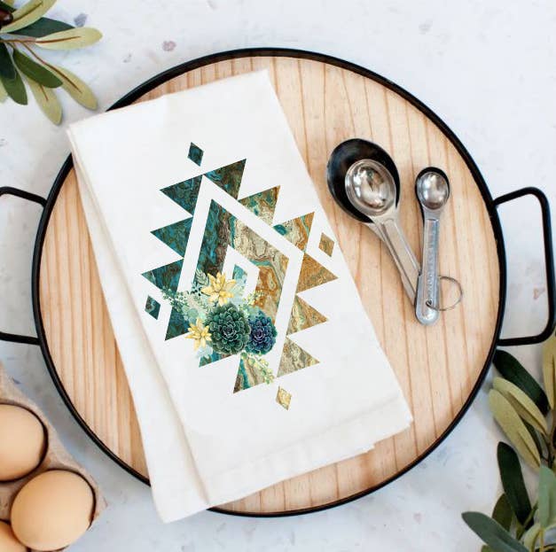 Western Blue Aztec Cactus Southwestern Cotton Tea Towel