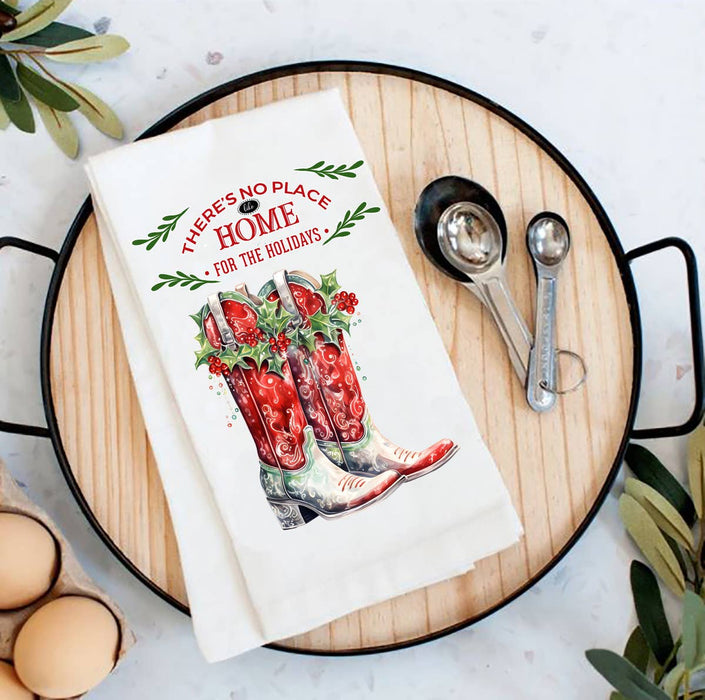 Christmas Holly Red Cowboy Boots Western Cotton Tea Towel