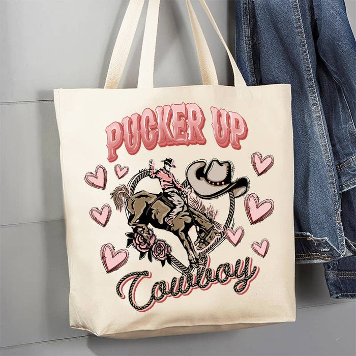 Valentine Pucker Up Cowboy Western 12 oz Canvas Tote Bag
