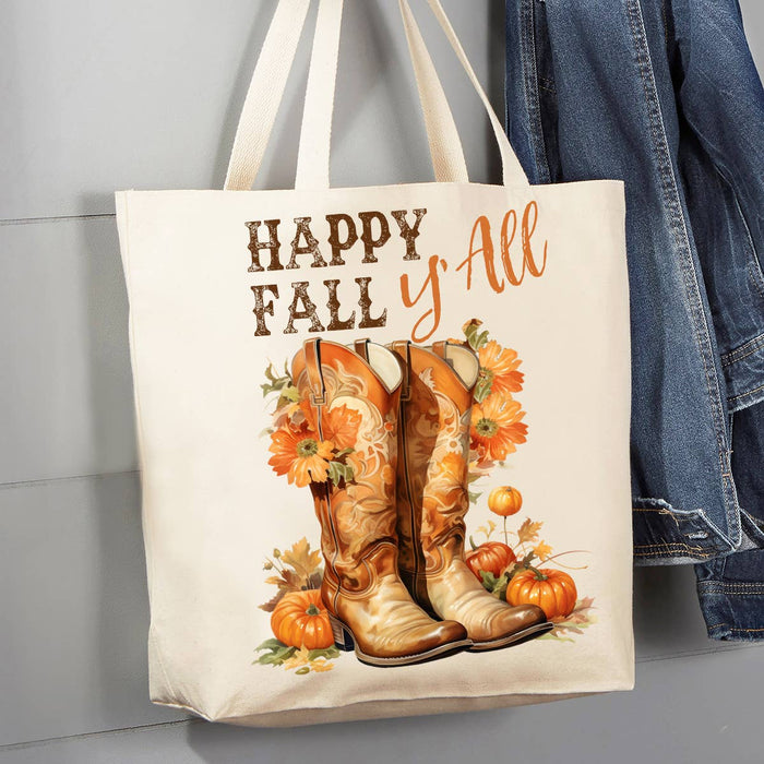 Happy Fall Y'All Cowboy Boots Western 12 oz Canvas Tote Bag