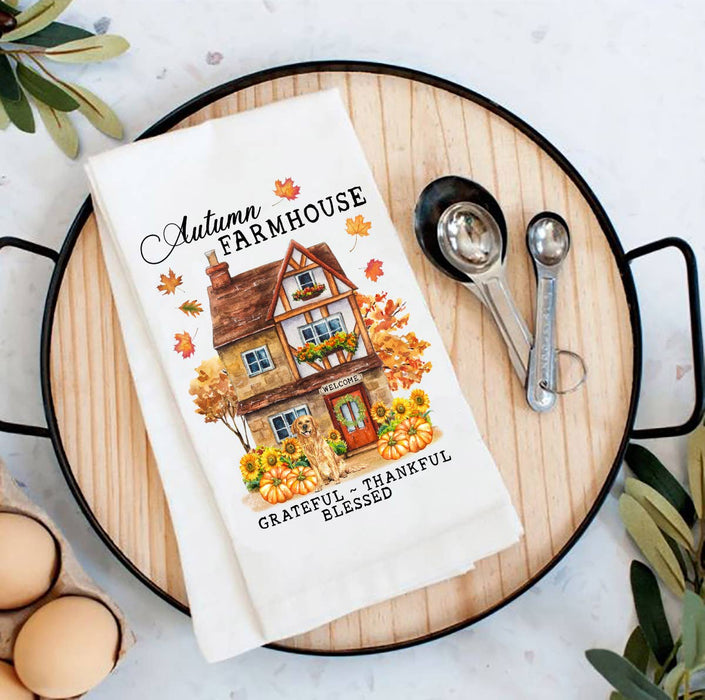 Autumn Fall Farmhouse Grateful Blessed Flour Sack Tea Towel
