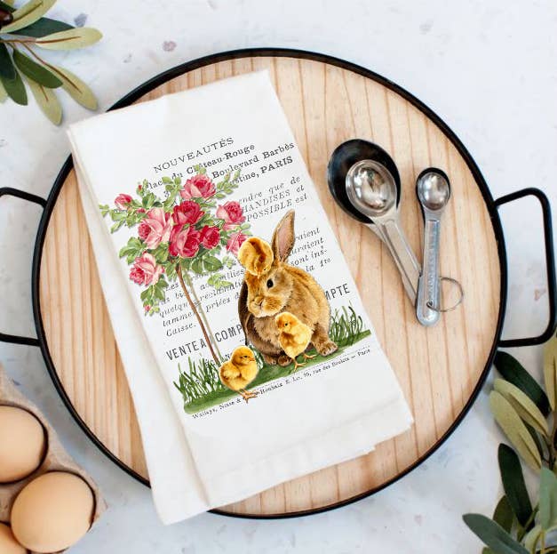 Vintage French Bunny Chicks Roses Cotton Tea Towels