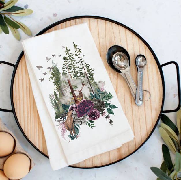 Deer Forest Mountains Wildlife Cotton Tea Towels