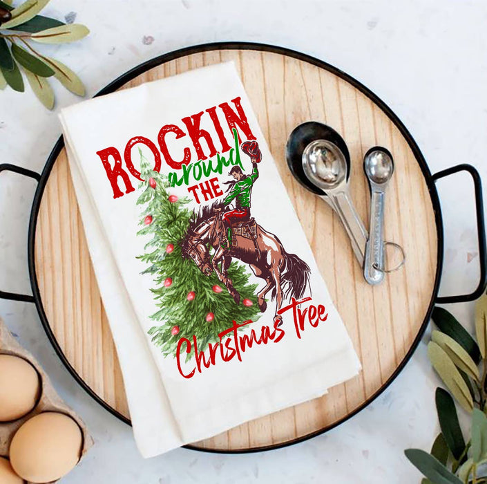 Rockin Around Christmas Tree Western Flour Sack Tea Towel