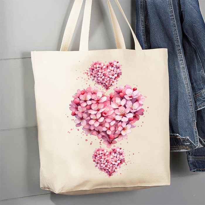 Valentine Pink Blossoms Flower Heart 12 oz Canvas Tote Bag
