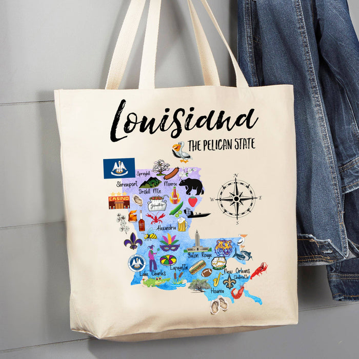 Louisiana State Map Souvenir 12 oz Canvas Tote Bag