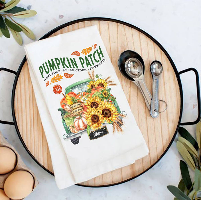 Autumn Fall Pumpkin Patch Green Truck Flour Sack Tea Towel