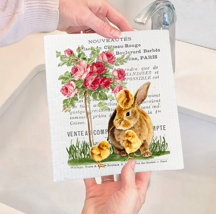 Vintage French Bunny Chicks Roses Swedish Dish Cloth