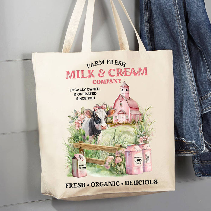 Country Farm Fresh Milk & Creamery Cow 12 oz Canvas Tote Bag