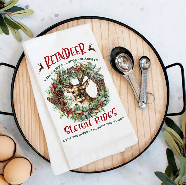 Christmas Reindeer Sleigh Rides Flour Sack Tea Towel