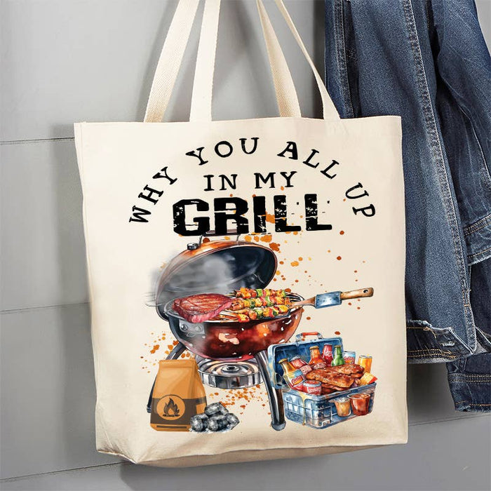 All Up in my Grill BBQ Funny 12 oz Canvas Tote Bag